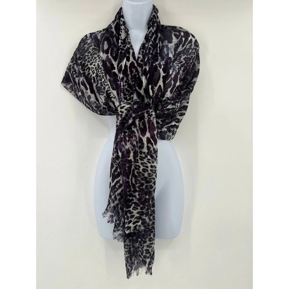 Chico's Purple Black Leopard Animal Print Lightweight Fringe Scarf Wrap